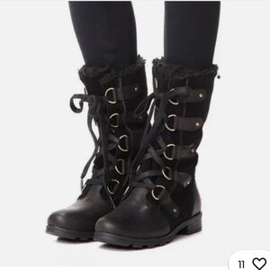 SOREL Emelie Lace Up Winter Boots Black Leather Waterproof Insulated Combat 6.5